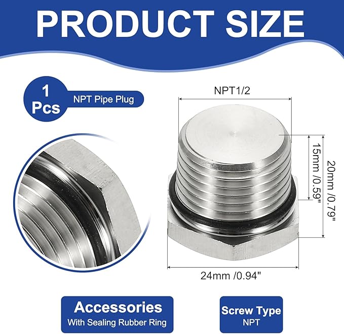 MECCANIXITY NPT Pipe Plug Fitting, 304 Stainless Steel NPT1/2 Male Outer Hex Thread for Plumbing Fixed with Sealing Rubber Ring