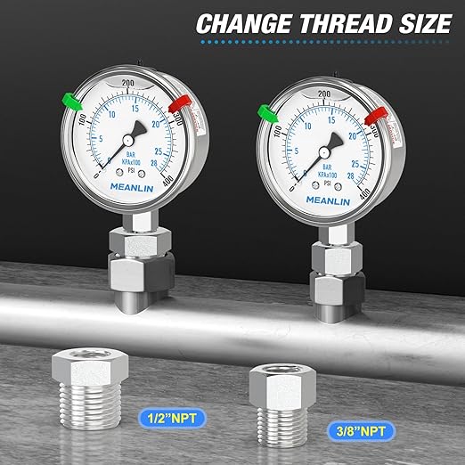 MEANLIN MEASURE 0~400Psi Stainless Steel Liquid Filled Pressure Gauge 2.5" FACE DIAL 1/4" NPT for Air Compressor Air Regulator Water Filter Lower Mount with Stainless Steel Hex Bushing and Snaps