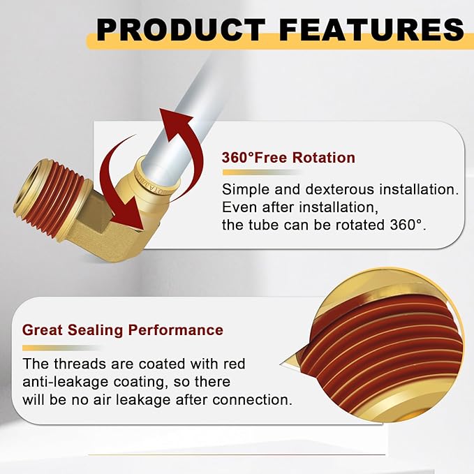 Siptenk 3/8" Elbow DOT Brass Push to Connect Air Line Fittings 5 PCS, 3/8" OD Tube x 1/2" NPT Thread Air Brake Line Quick Connect Fittings for Truck Trailers Industry Air System