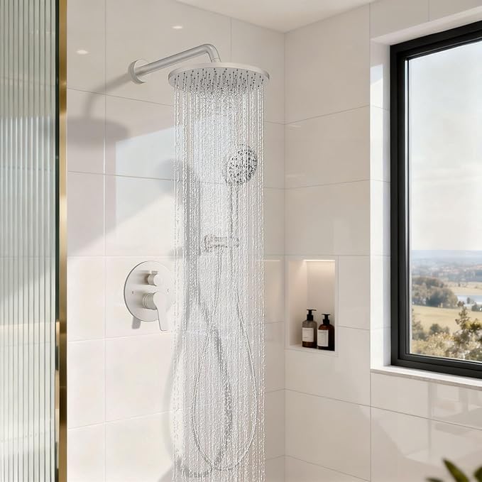 Iriber Brushed Nickel Round Rain Shower System Faucet Set，Bathroom Filtered Shower Head with Handheld, 9 Spray Mode Showerhead with Filters,Shower Valve Trim Kit Contain Cartridge,10 Inch