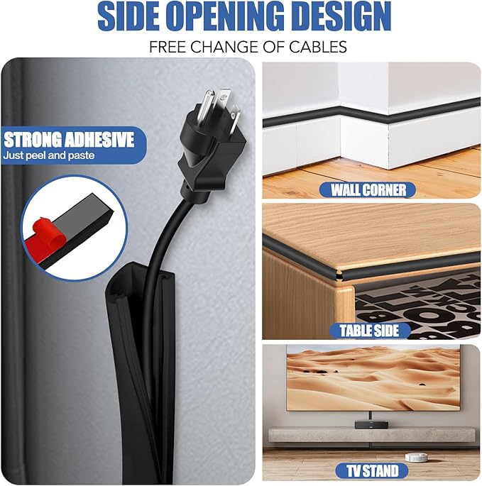 Floor Cable Cover, Low Profile Cable Hider for Wires, Self Adhesive Cord Hider for Wall, Cord Covers Wall Mounted Tv, for Offices, Gym, Exhibitions(Black, 10 Feet)