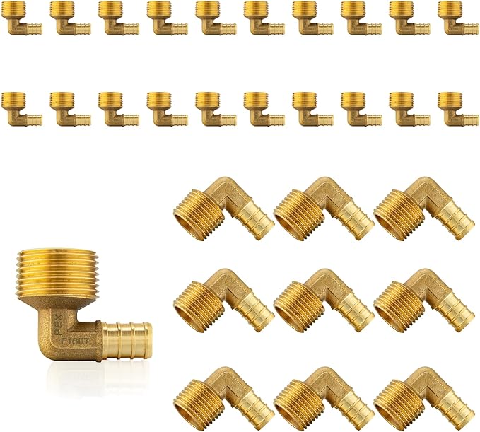 (30-Pack) PEX Fittings, Pex 1/2" x 3/4" Male Threaded NPT Elbow Adapter, Brass Crimp Fittings, for PEX Tubing Pipe Plumbing, ASTM F1807(PEX1807103-30Pack)