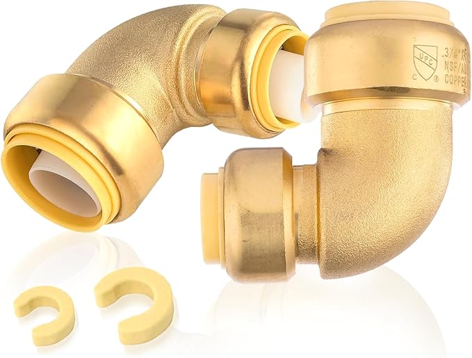 50-Pack HeSun Pushfit 90 Degree Elbow, 3/4"x1/2" Push to Connect Plumbing Fittings with Disconnect Clips, Brass Push-fit Fittings for PEX, Copper, CPVC, PE-RT Pipes(PF052-50)