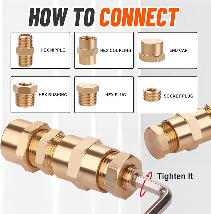 60pcs Brass Pipe Fittings Assortment Kit,Reducer Bushing,Hex Nipple,Reducing Hex Coupling,Hex Heand Plug,End Cap and Socket Plug Fitting Kit