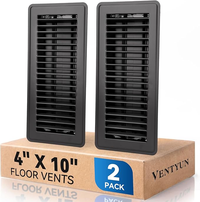 4" x 10" Floor Register Vent Covers 2-Pack, Walkable Powder-Coated Metal Vent Covers with Adjustable Airflow, Curved Safe Edges for Floor/Wall, Black