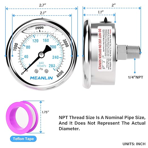 MEANLIN MEASURE 0~4000Psi Liquid Filled Pressure Gauge Stainless Steel with 316 Stainless Steel Joint 1/4" NPT 2.5" FACE DIAL for WOG Water Oil Air Center Back Mount