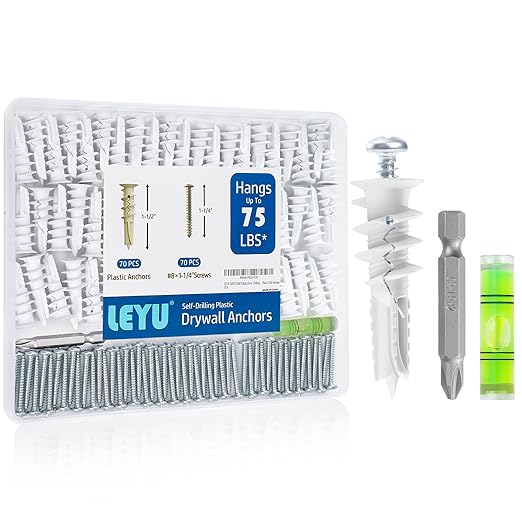 LEYU 140PCS Self Drilling Drywall Anchors and Screws Kit #8 x 1-1/4”, Heavy Duty Dry Wall Anchors for Hanging Shelves,Picture Frames,Curtains, No Pre-Drilling， Plastic Wall Anchors