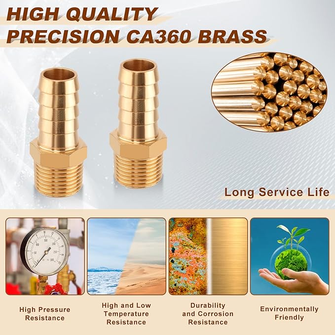 5pcs Brass Hose Barb Fittings 1/2 Inch Barb to 3/8 Inch NPT Male Thread Air Hose Fittings Adapter Connector Water Fuel Air Line Fittings 1/2” Barb × 3/8” NPT Brass Fittings