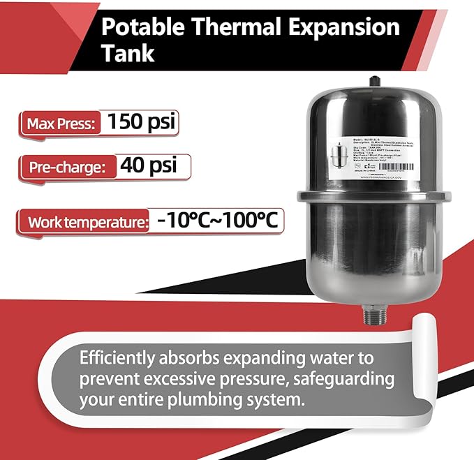 EFIELD 15-Gallon Capacity Stainless Steel Expansion Tank (2 L), Hammer Arrestor with 1/2 Inch Threaded For Tankless Water Heater, Water Dispensing/Beverage Appliances (TANK006)