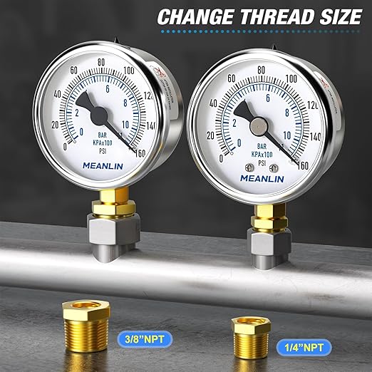 MEANLIN MEASURE 0~160Psi Dry Pressure Gauge Stainless Steel 1/8" NPT 2" FACE DIAL Waterproof for Air Compressor RV Regulator Water Pressure Tester Lower Mount with 1/4" NPT and 3/8" NPT Hex Bush