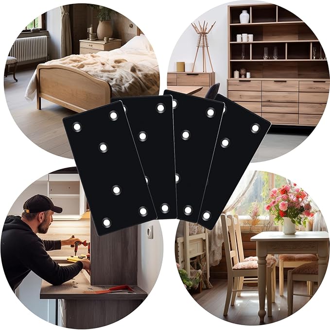 QSJ 4 Pack Black Flat Mending Plate,Six-Hole Metal Bracket, Straight Steel Brace 3.94 x 1.97'', Fixing Joining Plate for Wood with 24PCS Screws, 1x Screwdriver.