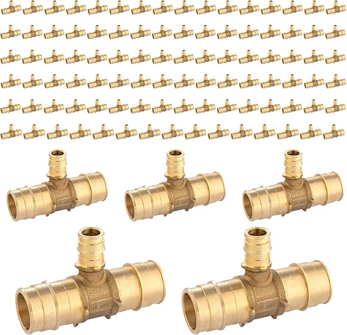(100-Pack) Seelink PEX-A Expansion Fittings, 1" x 1" x 1/2" PEX-A Tee, Brass Expansion Pipe Fittings, for PEX Tubing Pipe Hose Fittings, ASTM F1960