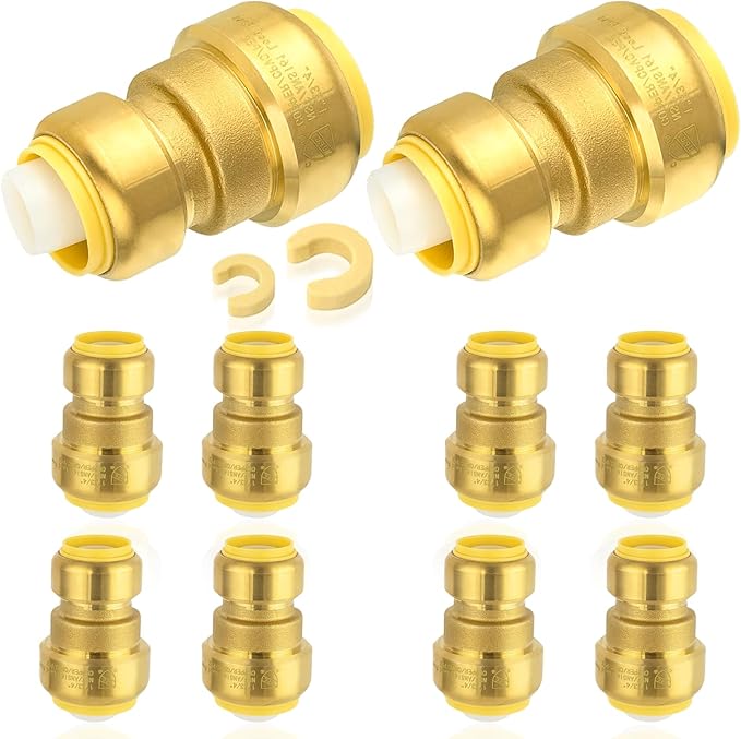 10-Pack HeSun Pushfit Coupling, 1"x3/4" Push to Connect Plumbing Fittings with Disconnect Clip, Brass Push-fit Fittings for PEX, Copper, CPVC, PE-RT Pipes(PF144-10)