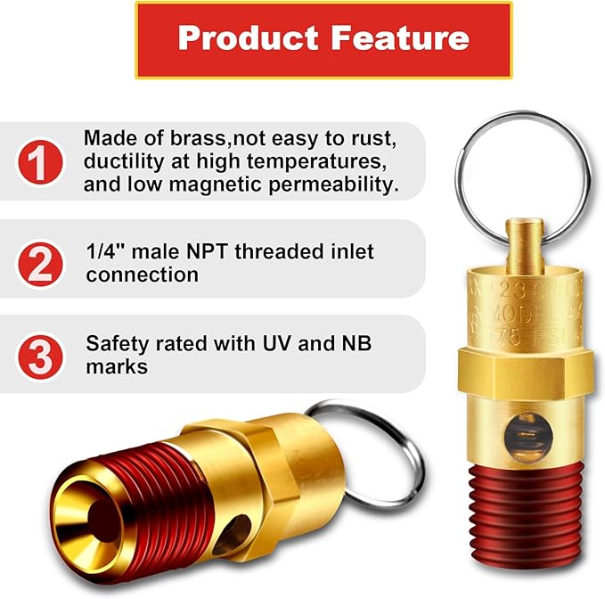2 Pieces 1/4'' Male 175 PSI NPT Air Compressor Pressure Relief Valve Brass Safety Valve Air Compressor Check Valve