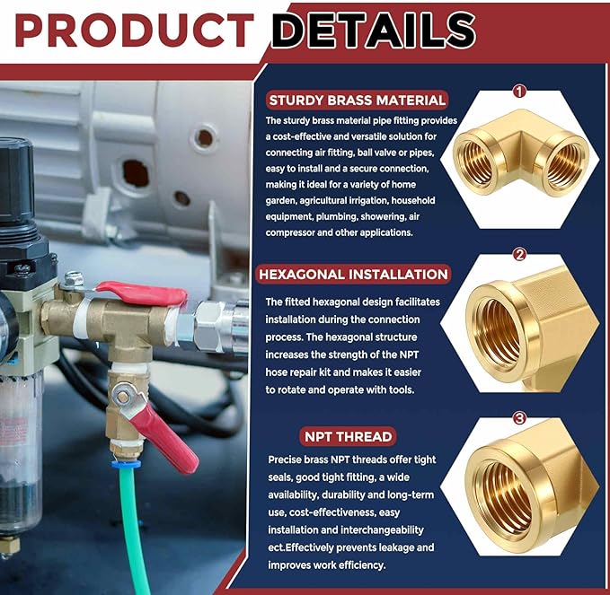 Packs of 2, 90 ° 1/4 in FNPT to 1/4 in FNPT Solid Brass Barstock Street Elbow, Forged Pipe Fittings for Pipe Leak Repair, Bathroom Remodeling, Air Compression, Refrigeration