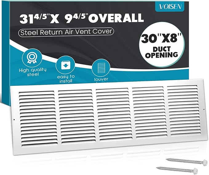 VOISEN Return Air Grille,Fits 30x8 Duct Opening,Steel Return Vent Cover, White Vent Cover Grill for Sidewall and Ceiling,HAVC Cold Air Return Vent Cover,Overall Size:31.8"W X 9.8"H