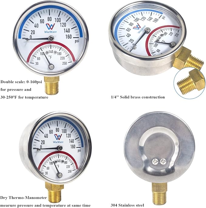 WiseWater 1'' NPT Stainless Steel Ball Valve with Strainer Mesh Filter, PEX Manifold Ball Valve with 2.48'' Hot Water Thermometer and Pressure Gauge for Radiant Floor Heat PEX Manifold Loops