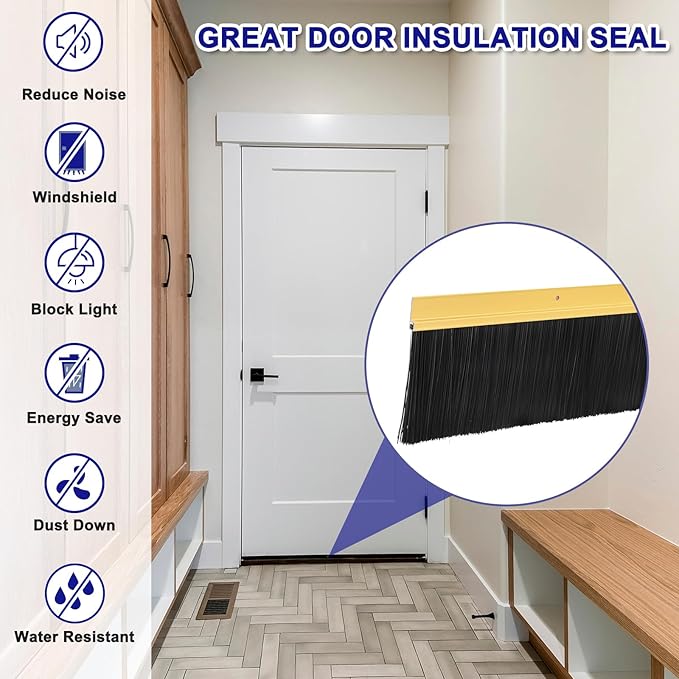 uxcell 2Pcs Door Brush Bottom Sweep H-Shape Aluminum Alloy Base with 3.5-inch PP Brush for Home, Industrial (47-inch L, Golden)