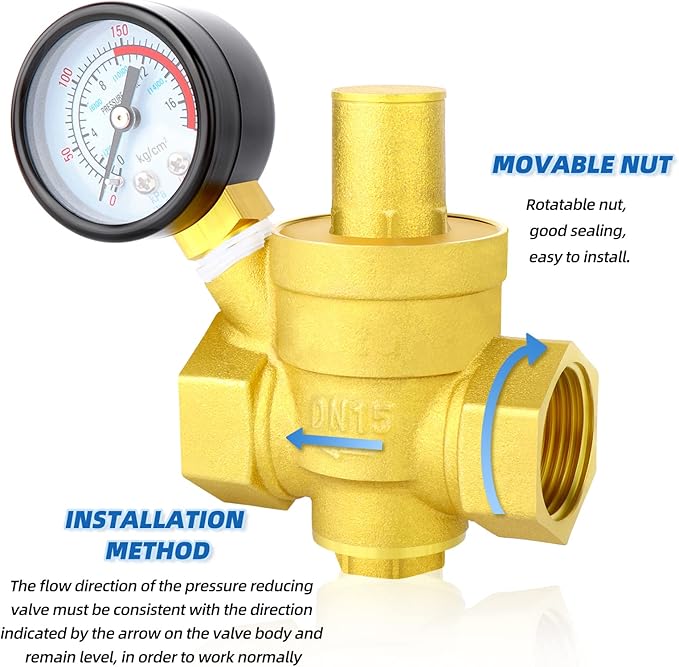 MEANLIN MEASURE 1/2 inch brass Water pressure regulating valve, pressure regulating valve, pressure reducing valve, DN15, with 0-220PSI pressure gauge