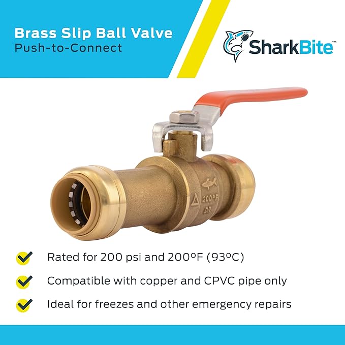 SharkBite 3/4 Inch Slip Ball Valve, Pack of 6, Push to Connect Brass Plumbing Fitting, PEX Pipe, Copper, CPVC, PE-RT, HDPE, 24736LFZ