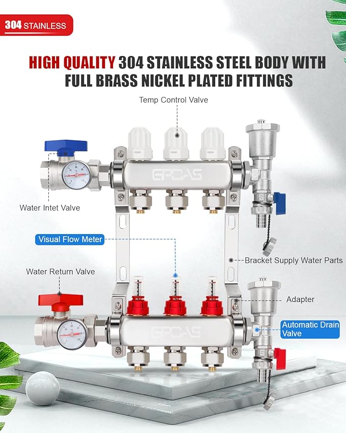 3-Branch Radiant Floor Heating PEX Manifold Set 3 Loop 1/2 Inch Stainless Steel PEX Tube,For Hydronic Radiant Floor Heating