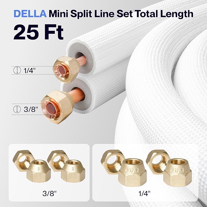 DELLA 25 Ft Mini Split Line Set, Includes 3/8" & 1/4" O.D. Copper Pipes with Flared Nuts and a 3/8" Thick White PE Insulated Coil, Perfect for Mini Split AC and Other HVAC Systems