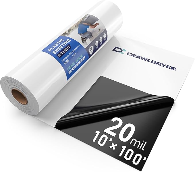 Crawl Space Vapor Barrier - 20 Mil Vapor Barrier - (10' x 100') - Tear Resistant, Heavy Duty Vapor Barrier, Drop Cloth Moisture Barrier Thick Plastic Sheeting Covering for Crawlspace Encapsulation