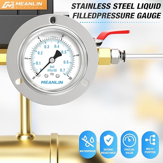 MEANLIN MEASURE 0~10Psi Liquid Filled Pressure Gauge Front Flange Panel Mount, 1/4" NPT 2.5" FACE DIAL Stainless Steel Case with Phillips Screw and Nut, +/-3-2-3%