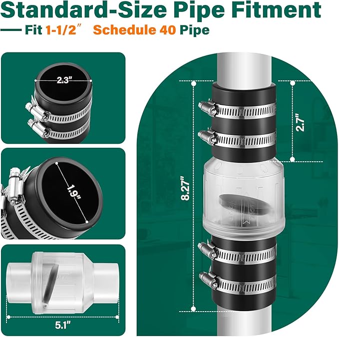 Silent Check Valve 1-1/2" with Buna-N Couplings, Spring-Loaded Flapper Increases Sump Pump Life Includes Heavy-Duty Steel Clamps for 1-1/2″ Pipe.