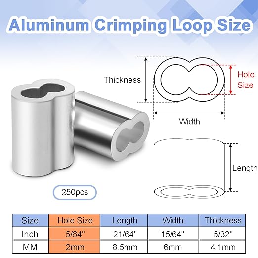 250Pcs 1/16"Cable Crimp Sleeves, Aluminum Wire Rope Crimping Loop Sleeve. Cable Ferrules for Cable and Wire Rope Crimp Double Barrel Crimp Sleeves (M1.5-1/16")