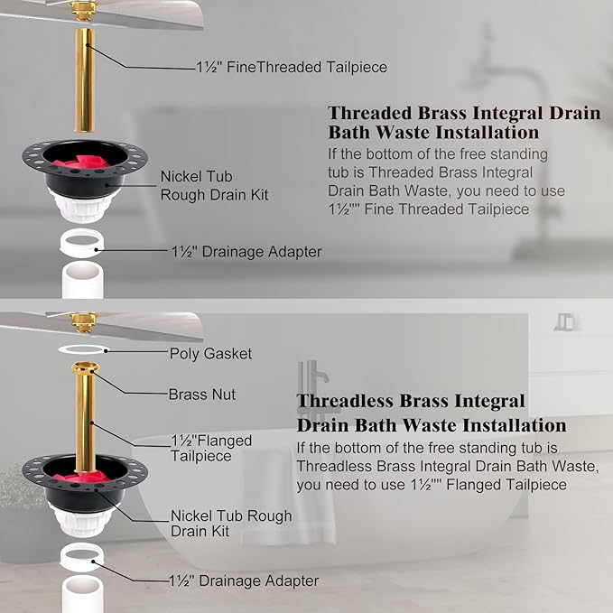 Freestanding Tub Drain Rough-in Kit, [Built to Last][Easy Installation] Bathtub Drain Kit with PVC Plastic Adapter and Brass Tail Pipes, for Freestanding, Floor Mounted, Copper Bathtub
