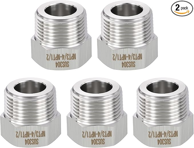 METALLIXITY 2PCS 3/4" Male NPT x 1/2" FeMale NPT Thread 304 Stainless Steel Hex Bushing Extension Tube Adapters Convert for Water Tub Spout/Shower