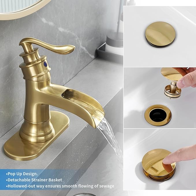 BWE Brushed Gold Pop Up Drain for Bathroom Sink Without Overflow Bathroom Sink Stopper Assembly with Sink Drain Strainer, Brass