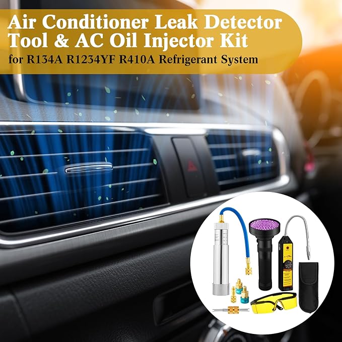 AC Leak Detector Kit, R1234yf R134a R410a AC Oil UV Dye Injector Kit Refrigerant Leak Detector Tool Low Side Quick Coupler Mini Split Adapter Glasses Flashlight(Classic)