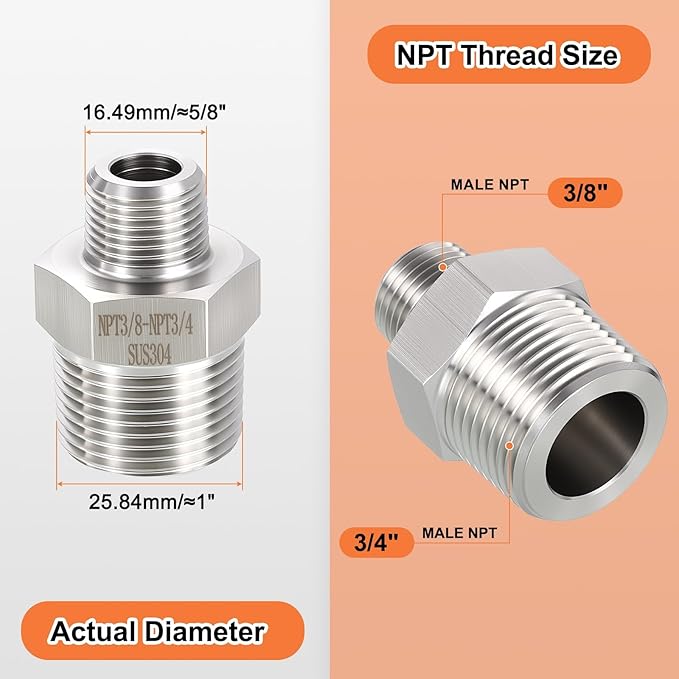 1 Pack 304 Stainless Steel Male to Male Adapter, 3/4" Male NPT x 3/8" Male NPT Hex Nipple Pipe Extension Fitting for Industrial, Automotive, Fluid Transfer, Home Gardening, Water