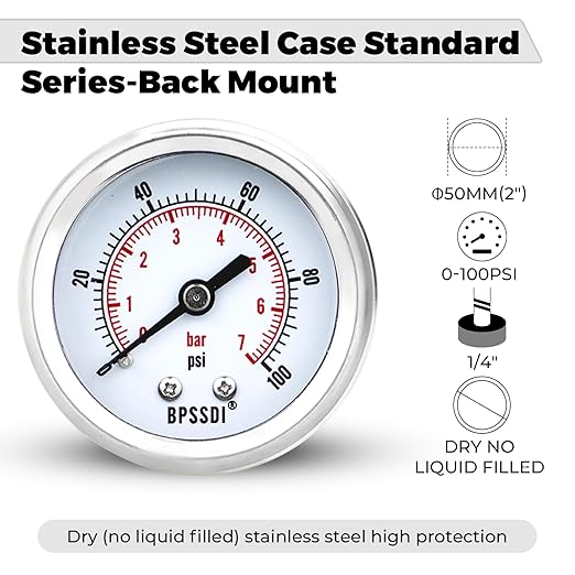 0-100 Psi Low Pressure Gauge, 2" Dial Size, 1/4 NPT Back Mount, Stainless Steel Case for Water Pressure Gauge Test for Water Pipe, HVAC(with Tape)