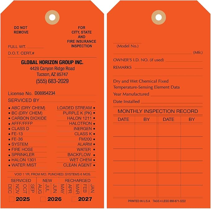 Tags 4 Less Custom Fire Extinguisher Tags – Preventative Maintenance Labels for Monthly Inspections, Alternative to Safety Sticker for Easy Record-Keeping – Pack of 100 (Orange, Cardboard)