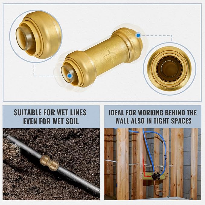 SUNGATOR 1 Inch Check Valve, Anti-backflow Valve with Single Water Flow Direction only, No Lead Brass Push to Connect Plumbing Fitting to Work with Pex, Copper, CPVC, with 1 Disconnect Clip, Pack of 2