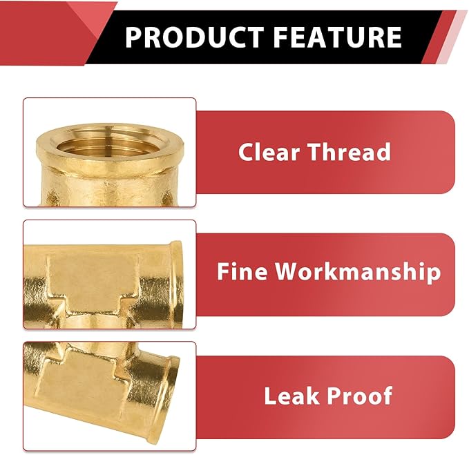 (Pack of 2) EFIELD 1/8" x 1/8" x 1/8" Female NPT Tee, Brass Pipe Fittings,(NPT096)