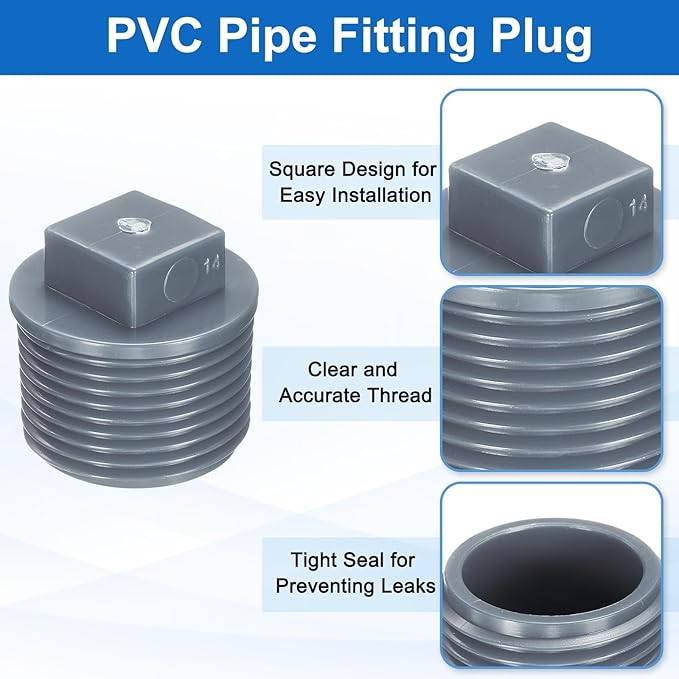 uxcell 10Pcs 3/4 Inch PT Male Thread PVC Pipe Fitting Plug, Cleanout Plugs, Water Drain End Caps Coupling Adapter with Tape for Water Heater Supply Lines, Plumbing, Gray