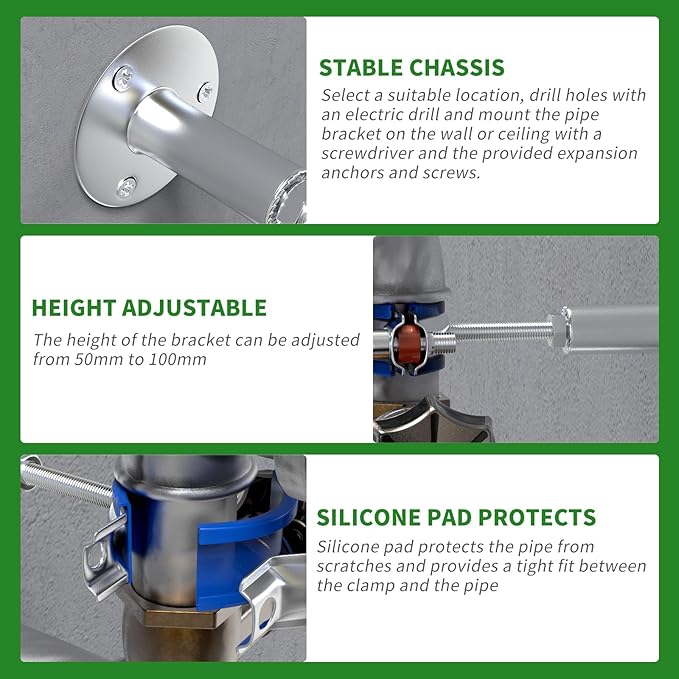 TAISHER 3PCS 304 Stainless Steel Wall Mount Ceiling Mount Adjustable Pipe Supports，Adjustable Pipe Strap Bracket Clamp，Suitable for 1-1/4 inch diameter tubes (38-40mm)，Adjustable Height 100-200mm