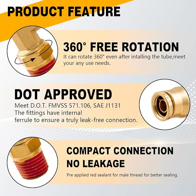 3/8" 90 Degree Elbow Union Brass DOT Push to Connect Air Line Fittings, 3/8" OD Tube x 1/2" NPT Air Brake Line Quick Fitting Connectors for Truck Trailers or Industry Air System(2PCS)