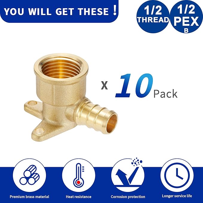 (10 Pack) Lidertik 1/2 Drop Ear Elbow Pex Adapter, 1/2" PEX F1807 to 1/2" NPT Female Threaded Adapter Brass