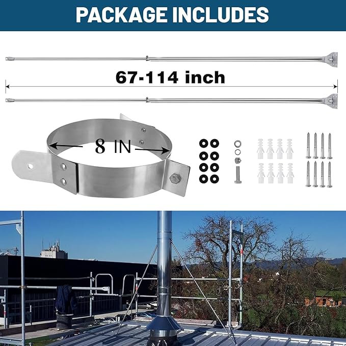 2025 Update 8" Extended Roof Bracket Kit, Adjustable Extended Roof Brace for Securing 8" Diameter Stove Pipe, Providing Stability to The Chimney Against Wind and Snow