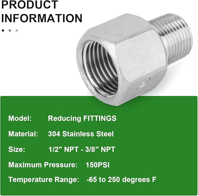 TAISHER 5PCS 304 Stainless Steel Pipe Fitting, Reducer Adapter, 3/8" Male NPTx 1/2" Female NPT