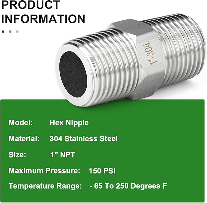 TAISHER 5PCS 304 Stainless Steel New Hex Nipple, 1" NPT Male x 1" NPT Male, Pipe Adapter Fitting