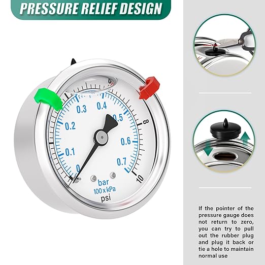 0-10PSI Stainless Steel Liquid Filled Pressure Gauge, 2.5" Dial Size, 1/4" NPT Back Mount, for Tube, Water Pump, Gas, Liquid, Pressure Test (with Range Mark Pointer)