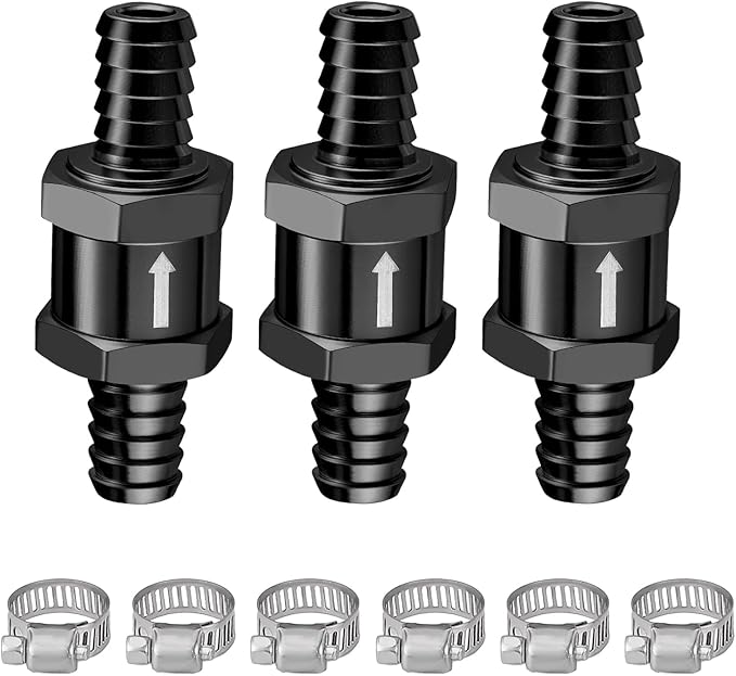 EVIL ENERGY 3/8" (10mm) Check Valve, 3 Pcs Aluminum One Way Fuel Check Valve for Gasoline, Diesel & Coolant with Universal Hose Clamps, Black
