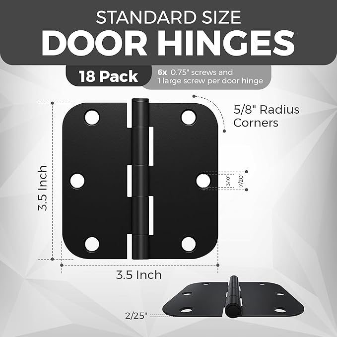 18 Pack Rounded Black Door Hinges Matte 3.5 Inch 5/8" Radius Interior 3 1/2 Inch Flat Iron Bifold Residential Standard Bedroom Interior Exterior and Closets Doors 3 ½"x 3 ½" Heavy Duty Hardware