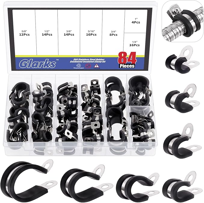 Glarks 84Pcs 7 Sizes 304 Stainless Steel & Rubber Insulated Pipe Clamps Set, Black